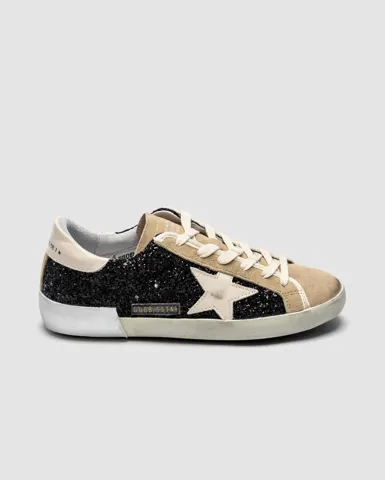 Golden Goose Super-Star in black glitter with cream star and suede inserts
