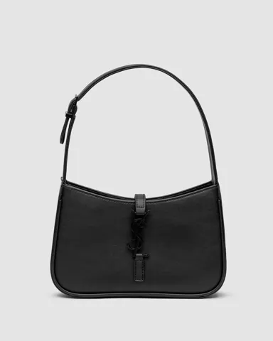 Saint Laurent Hobo Le 5 A 7 Leather Shoulder Bag in Black/Black