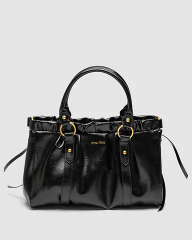 Miu Miu Black Vitello Lux Leather Gathered Tote