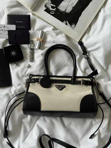 Prada Bonnie Small Handbag in Canvas and Leather Cream/Black/Silver