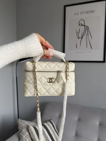 Chanel Caviar Quilted CC Top Handle Long Vanity Cream/Gold